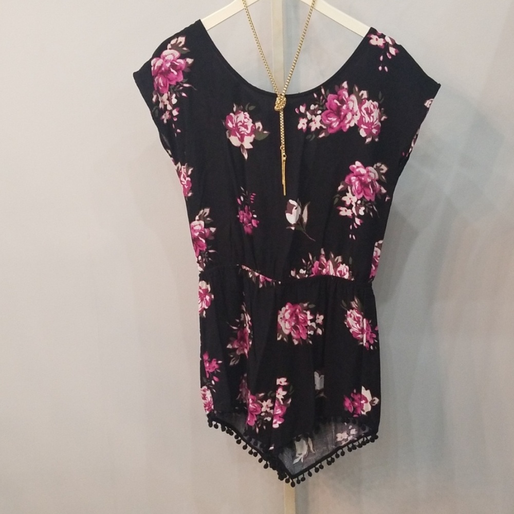 Black romper with pink rose detail